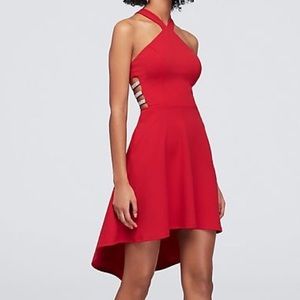 cutout short scuba crepe high neck a-line dress